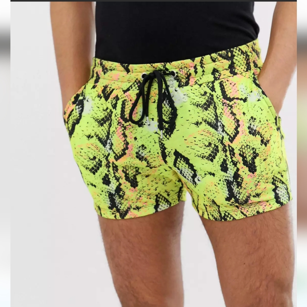ASOS DESIGN festival skinny shorts - neon green/yellow snakeskin - XL